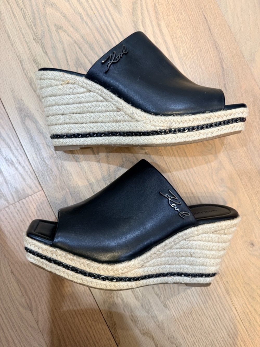 Karl Lagerfeld Black Leather Espadrille Wedge Slides